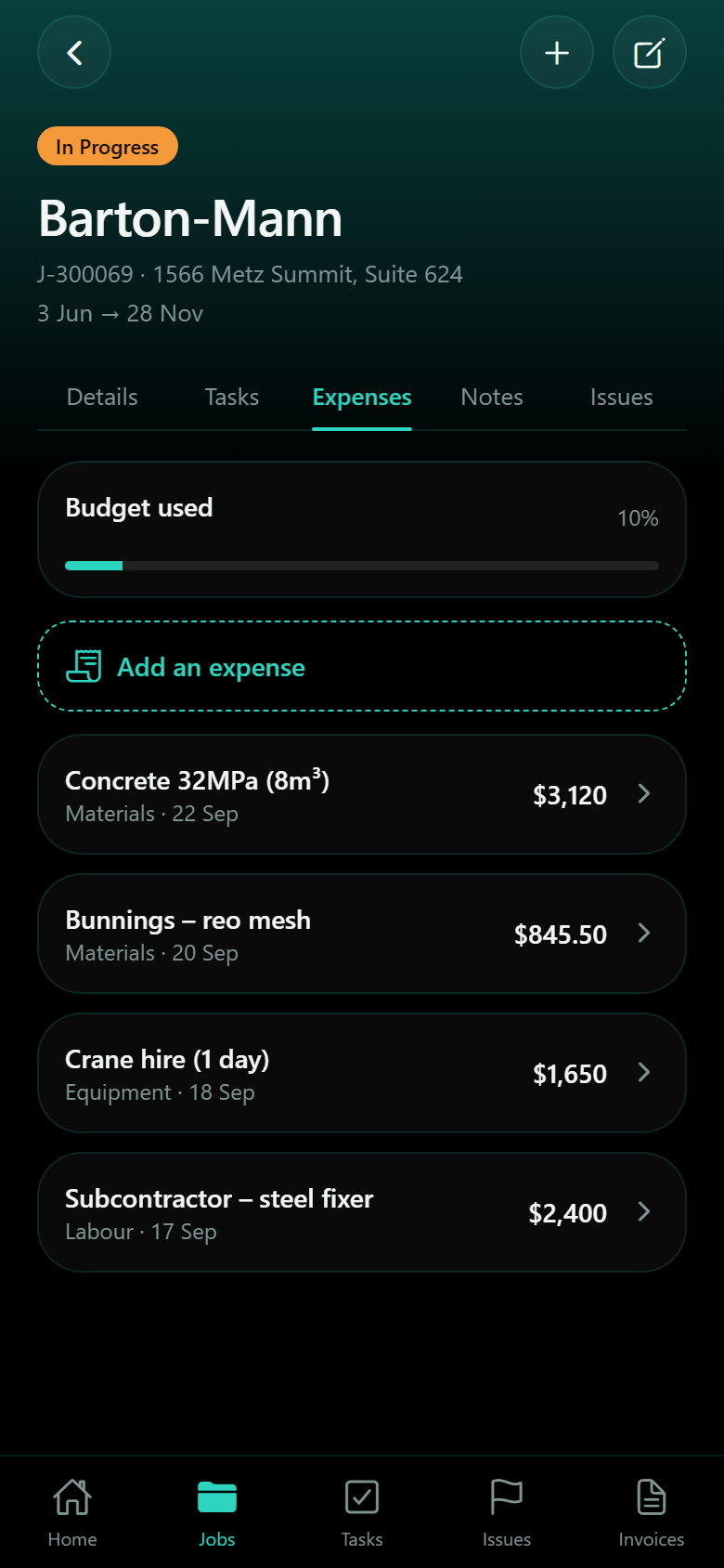 Job expenses with a budget used bar