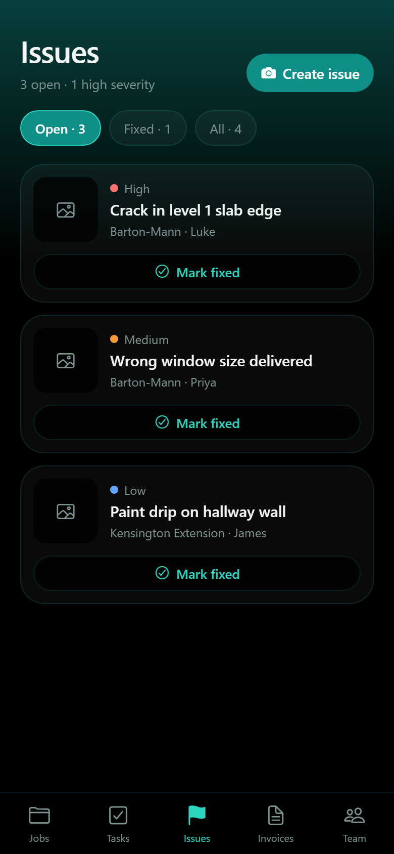 Issues list with severity and Mark fixed buttons