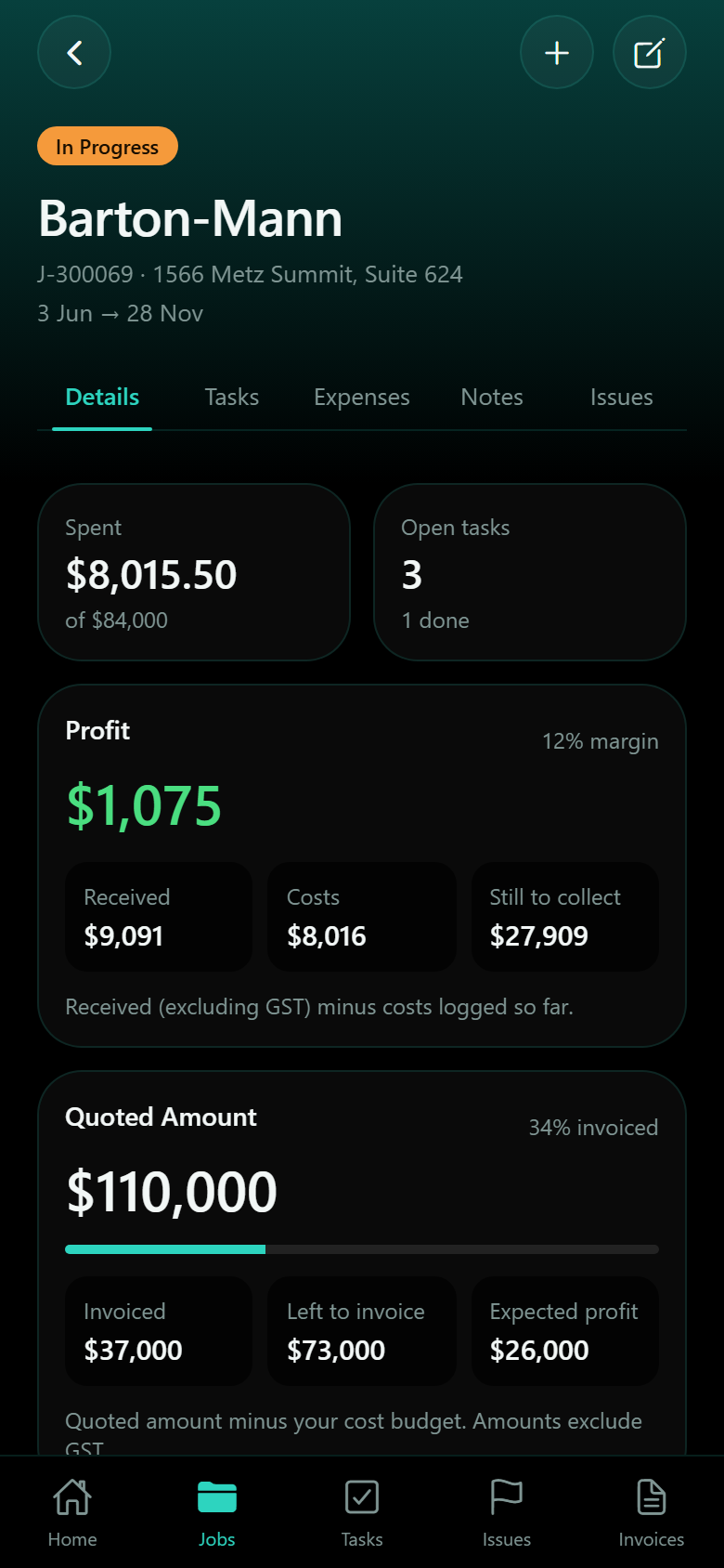 Job detail showing spend, profit and quote progress