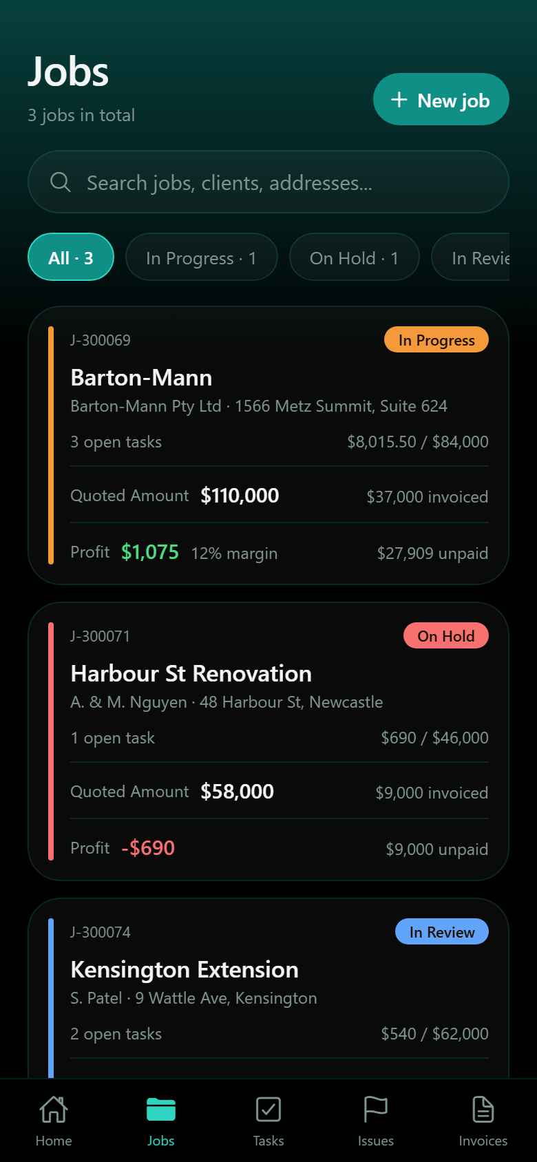 List of jobs with status, quoted amount and profit