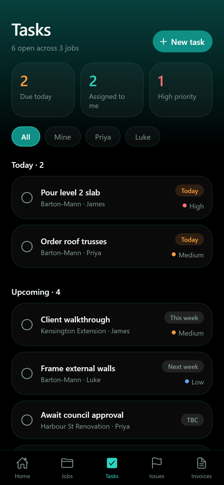 Task list grouped by today and upcoming, with priorities